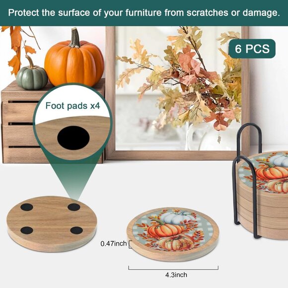 Fall Coasters Set of 6, Pumpkins Coaster, Absorbent Coasters with Holder Hallowe - Picture 6 of 6